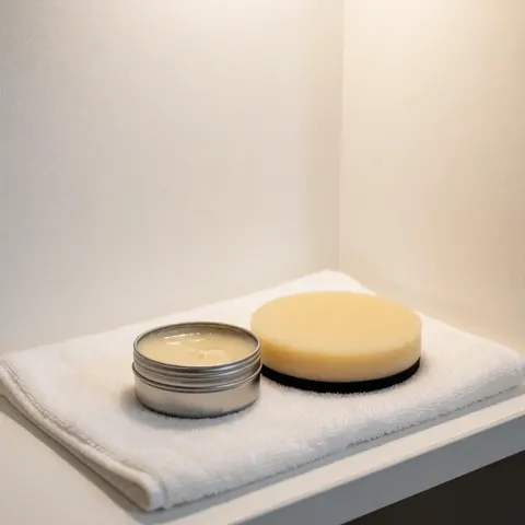Pot de cire de carnauba et tampon applicateur posés sur une serviette blanche, prêts pour un service de lavage automobile professionnel.