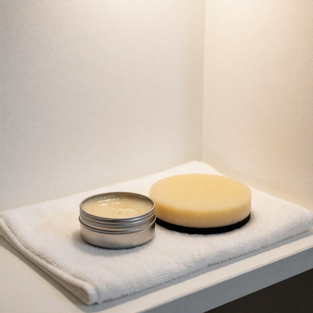 Pot de cire de carnauba et tampon applicateur posés sur une serviette blanche, prêts pour un service de lavage automobile professionnel.