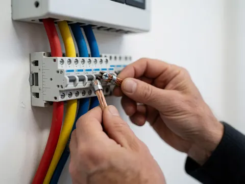 Mains d'un électricien reliant des câbles rouge, jaune et bleu sur une borne blanche dans un tableau électrique, sur fond blanc.