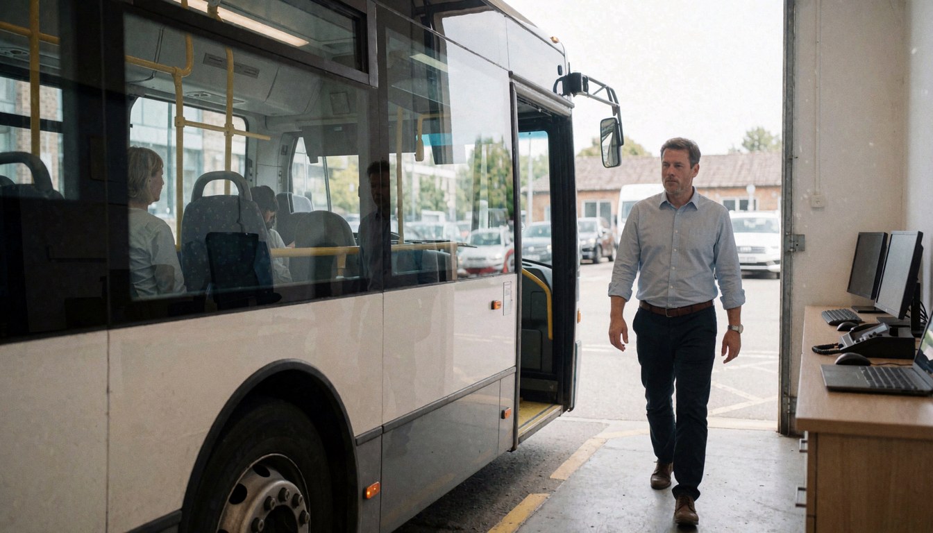 Un homme marche à côté d'un autobus blanc stationné devant un bureau avec des ordinateurs visibles en arrière-plan.