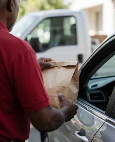 Un vendeur tend un sac contenant des repas à un client assis dans sa voiture, avec un camion visible en arrière-plan, dans une scène de service réaliste en extérieur.