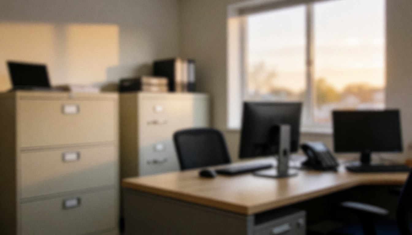 Espace de vente avec bureaux, écrans et classeurs baignés d'une lumière chaude provenant d'une fenêtre, créant un fond idéal pour des textes commerciaux.
