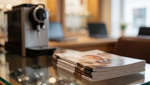 Arrière-plan chaleureux d'un café avec une machine à café et une pile de magazines sur une table en verre, idéal pour ajouter du texte.