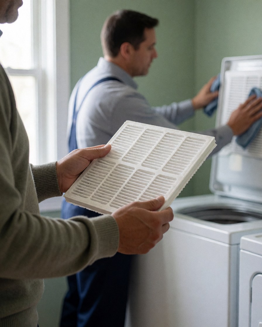 Cliente satisfaite tenant un filtre de sécheuse propre et brillant pendant qu'un technicien le nettoie en arrière-plan dans un atelier bien éclairé.