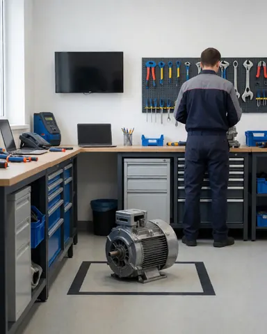 Moteur de laveuse posé au sol dans un atelier de réparation d'appareils électroménagers, outils accrochés au mur, environnement propre et ordonné.