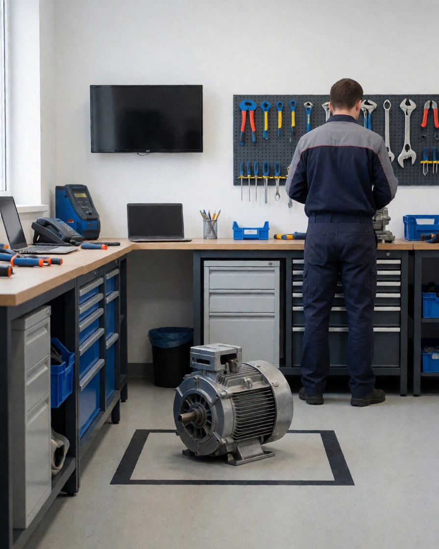 Moteur de laveuse posé au sol dans un atelier de réparation d'appareils électroménagers, outils accrochés au mur, environnement propre et ordonné.