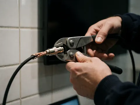 Gros plan de mains utilisant des pinces pour connecter un câble coaxial sur un mur de carreaux blancs, détail d'installation d'antenne.