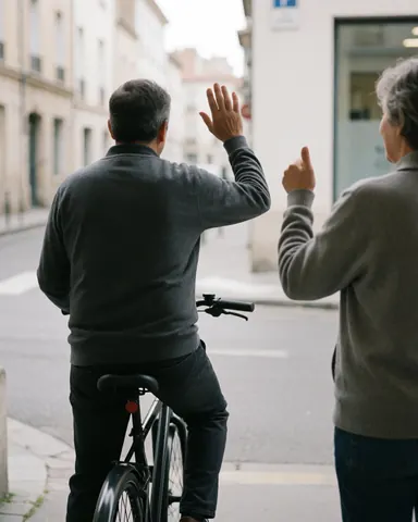 Un conducteur de bicytaxi salue de la main tandis qu'un client lui fait un pouce levé dans une rue calme.