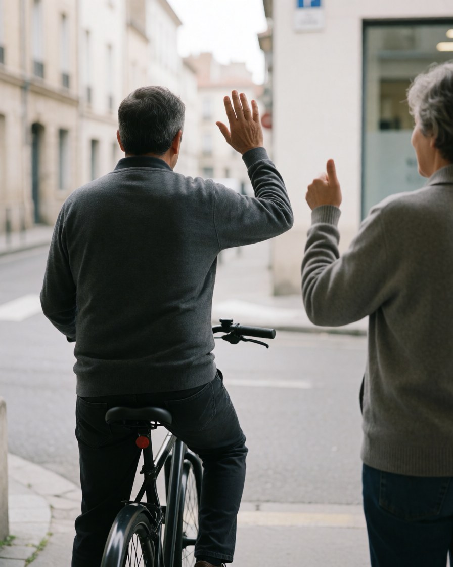 Un conducteur de bicytaxi salue de la main tandis qu'un client lui fait un pouce levé dans une rue calme.