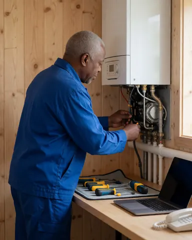 Technicien en uniforme bleu ajuste des tuyaux sur une chaudière blanche. Outils posés sur une nappe, murs en bois clair, ordinateur portable et téléphone blanc visibles.