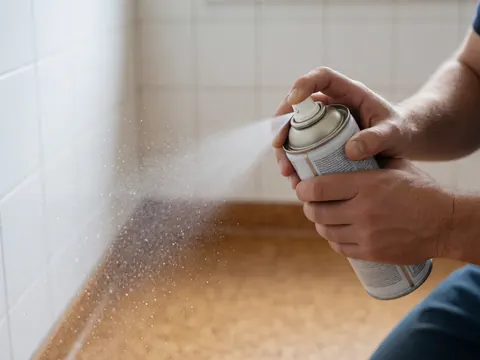 Main appliquant un produit de protection sur un plancher en liège avec des murs carrelés blancs en arrière-plan lors d'une intervention de pose.