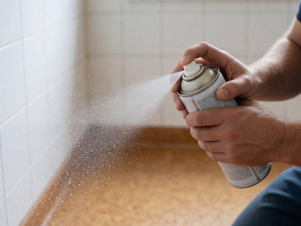 Main appliquant un produit de protection sur un plancher en liège avec des murs carrelés blancs en arrière-plan lors d'une intervention de pose.