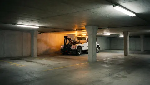 Un camion de remorquage blanc aux feux jaunes éteints stationné dans un parking souterrain en béton avec des colonnes et un éclairage fluorescent.