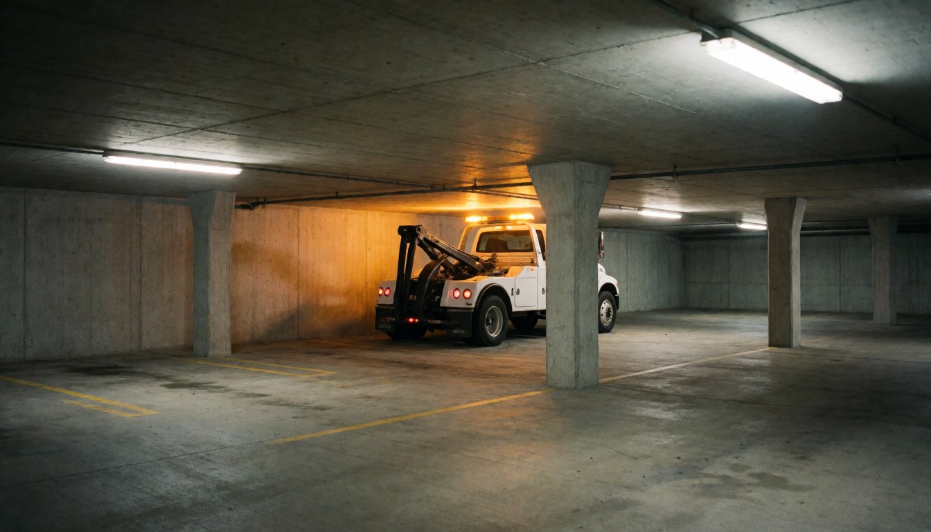 Un camion de remorquage blanc aux feux jaunes éteints stationné dans un parking souterrain en béton avec des colonnes et un éclairage fluorescent.