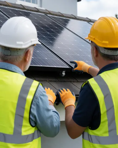 Deux techniciens en casques et gilets de sécurité installent des panneaux solaires sur le toit d'une maison, illustrant un service en cours.