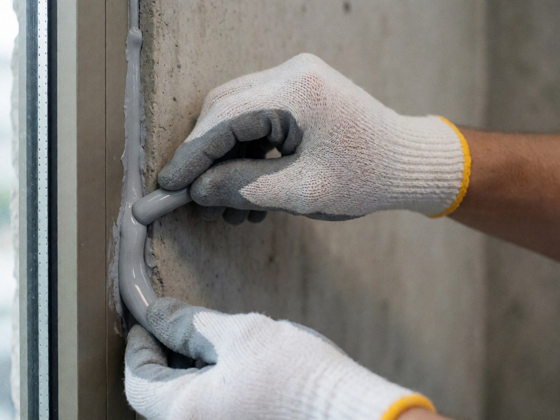 Gros plan montrant une main avec un gant de travail appliquant du mastic gris entre un cadre de fenêtre et un mur en béton pour une réparation professionnelle.