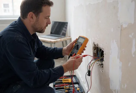 Un électricien professionnel teste un circuit électrique à l'aide d'un multimètre dans une cavité murale, entouré d'outils et de câbles.