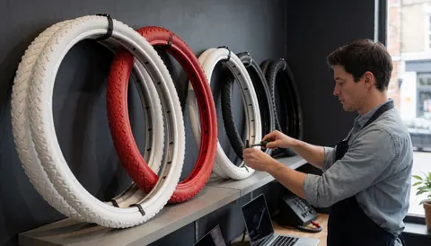 Atelier de vélos moderne exposant des jantes rouges et blanches, un mécanicien travaille avec des outils sur un comptoir en acier inoxydable.