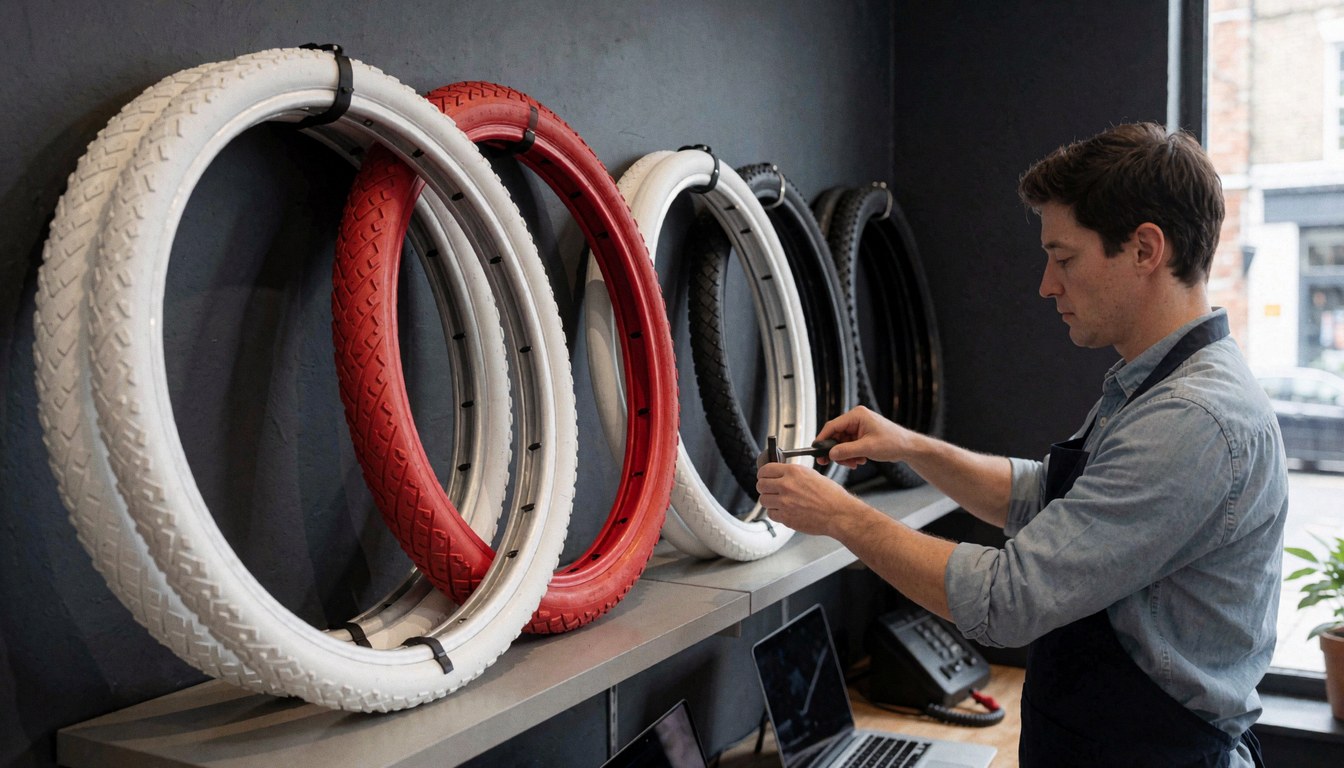 Atelier de vélos moderne exposant des jantes rouges et blanches, un mécanicien travaille avec des outils sur un comptoir en acier inoxydable.