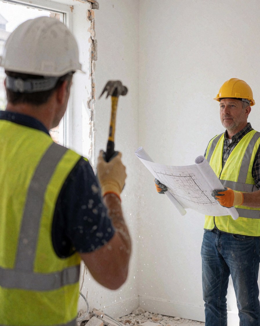Un maçon casqué et gilet de sécurité frappe un mur avec un marteau pendant qu'un client observe en tenant des plans. Scène de chantier en lumière naturelle.