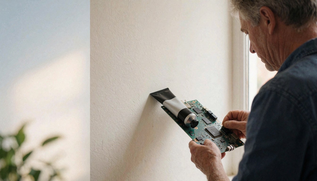 Technicien applique de la pâte thermique sur une carte mère près d'une fenêtre avec lumière naturelle et un mur blanc pour une réparation électronique.