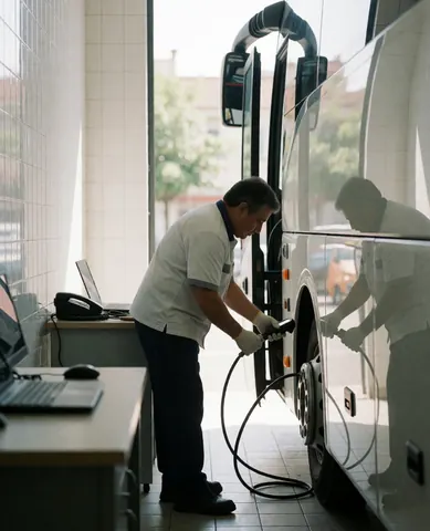 Conducteur de bus touristique vérifiant la pression des pneus avec un manomètre numérique dans un atelier propre et bien éclairé.