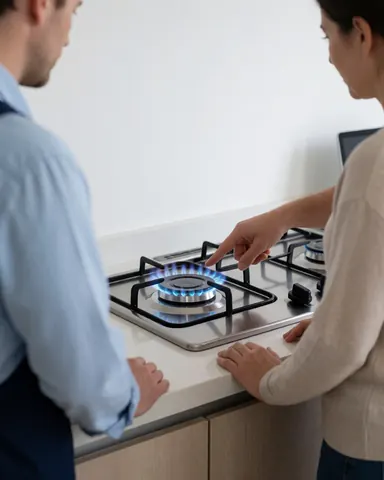 Un technicien présente à un client une cuisinière à gaz avec une flamme bleue allumée dans une cuisine moderne.