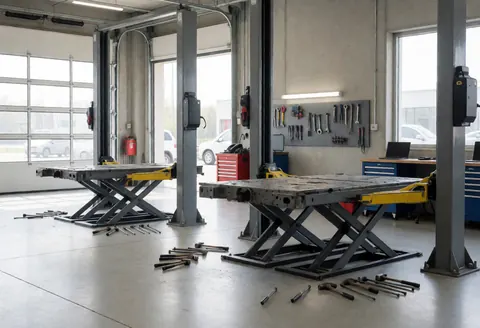 Vue d'un atelier de réparation automobile équipé de deux plateformes hydrauliques, d'outils posés au sol et de murs munis de crochets pour le rangement, éclairé par la lumière naturelle entrant par les fenêtres du