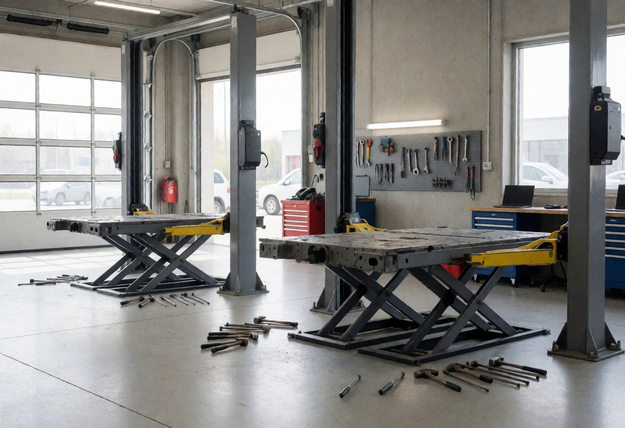 Vue d'un atelier de réparation automobile équipé de deux plateformes hydrauliques, d'outils posés au sol et de murs munis de crochets pour le rangement, éclairé par la lumière naturelle entrant par les fenêtres du