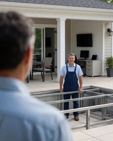 Un client observe un professionnel installer une piscine dans un patio avec un cadre métallique visible, dans un environnement moderne et propre.