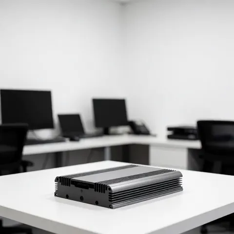 Amplificateur audio pour voiture posé sur un bureau blanc dans un bureau moderne avec des ordinateurs en arrière-plan.
