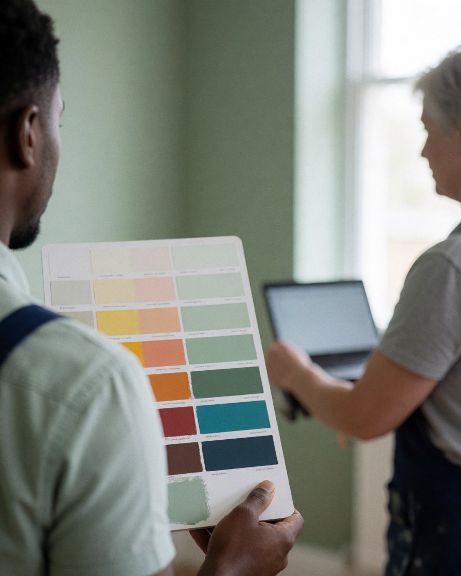 Une cliente consulte un peintre professionnel devant un nuancier de couleurs dans une pièce aux murs peints en vert clair.