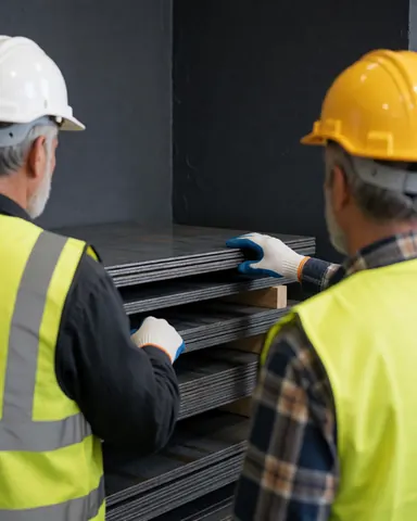 Deux ouvriers en tenue de sécurité examinent une pile de plaques métalliques dans un entrepôt industriel aux murs sombres.