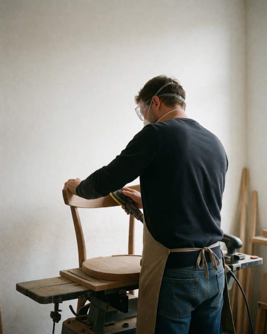 Un homme portant un masque et des lunettes de protection ponçant une chaise en bois dans un atelier de réparation de meubles avec des outils et une lumière naturelle.