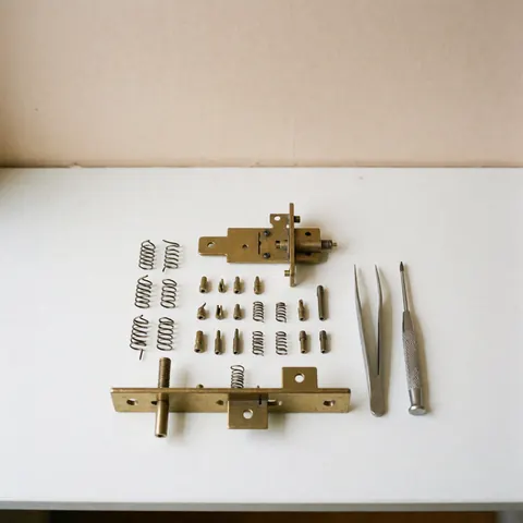 Composants de serrure en bronze démontés avec outils de précision sur fond blanc, idéal pour un réparateur de serrures.