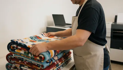 Un ouvrier plie des couvertures en polaire aux motifs colorés dans une usine propre avec des machines d'impression en arrière-plan.