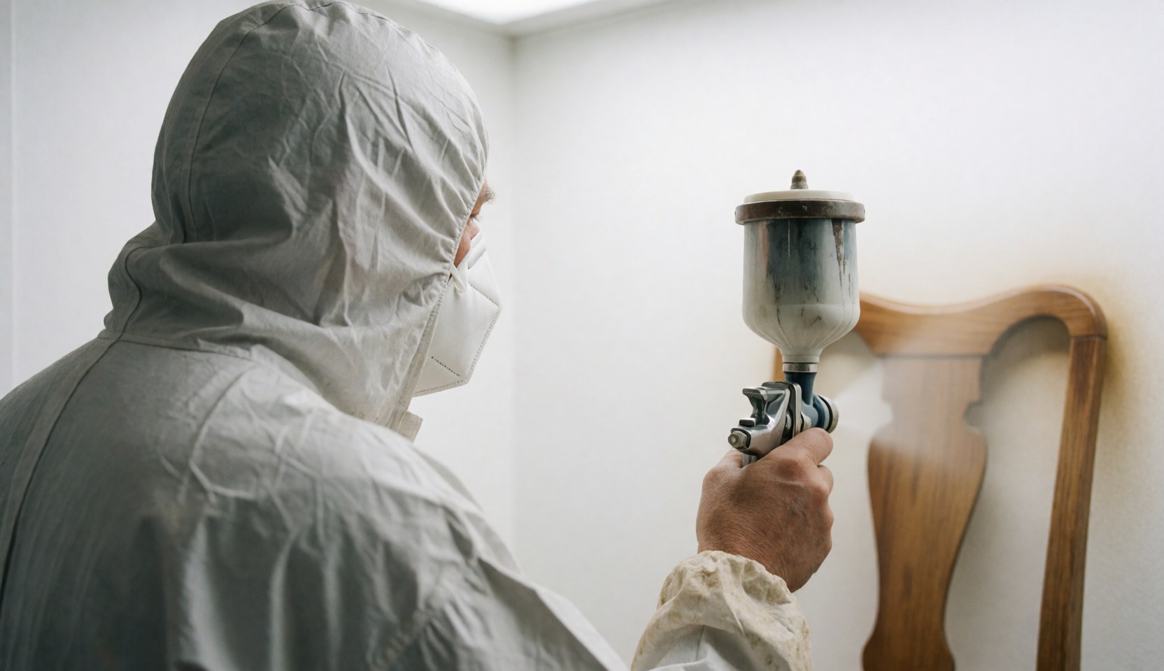 Un menuisier en tenue de protection applique du vernis en spray sur une chaise en bois dans un atelier lumineux.