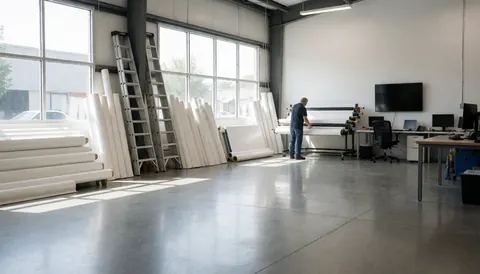 Un homme travaille avec de grands rouleaux de vinyle dans un vaste atelier industriel équipé de machines d'impression, de grandes fenêtres et d'un sol en béton poli.