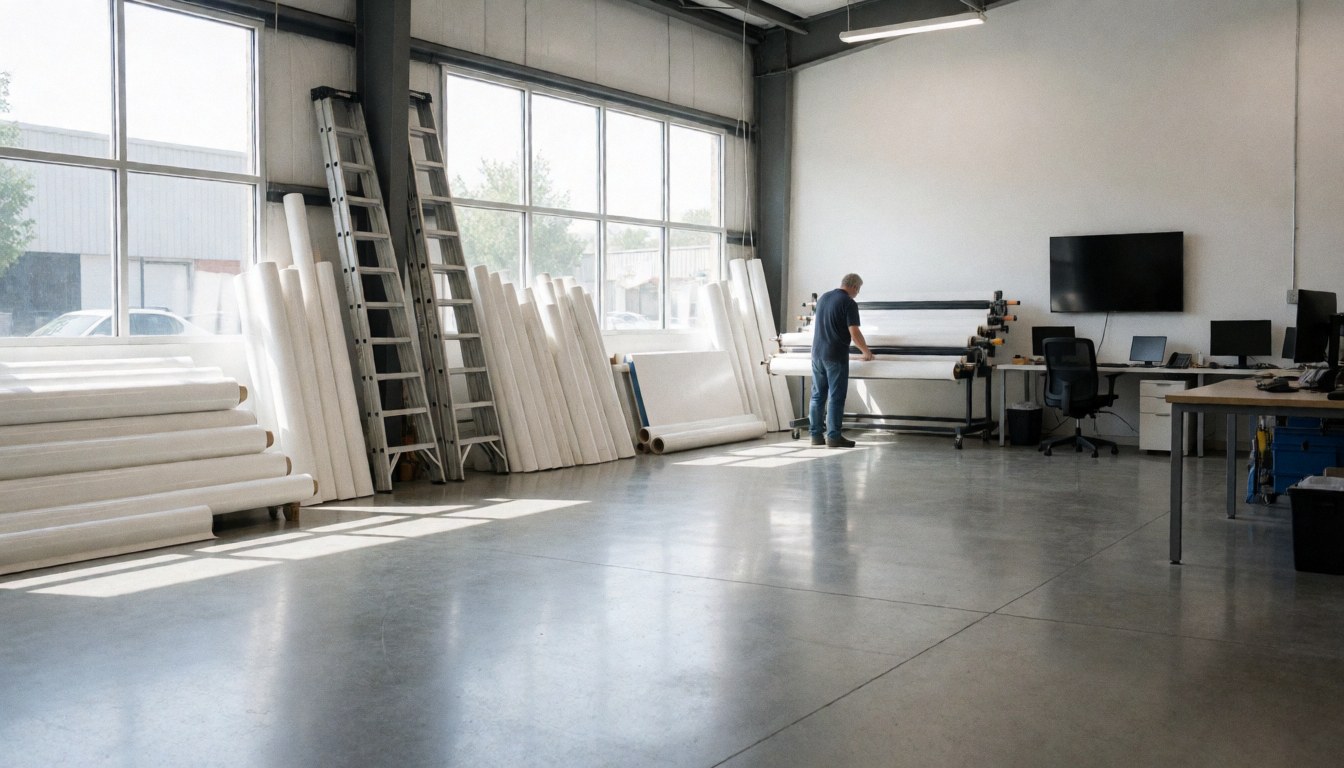 Un homme travaille avec de grands rouleaux de vinyle dans un vaste atelier industriel équipé de machines d'impression, de grandes fenêtres et d'un sol en béton poli.