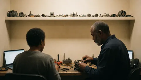 Un technicien répare un ventilateur dans un atelier avec des outils, des murs beige et des ventilateurs sur une étagère, idéal pour les services de réparation.
