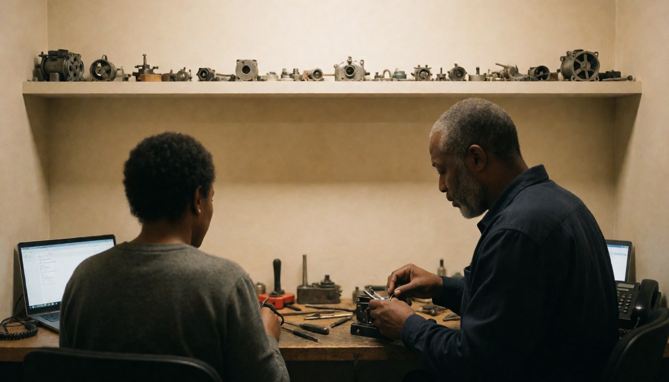 Un technicien répare un ventilateur dans un atelier avec des outils, des murs beige et des ventilateurs sur une étagère, idéal pour les services de réparation.