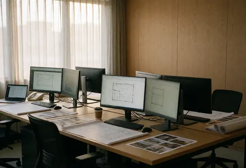 Espace de travail moderne avec tables en bois, écrans affichant des plans, documents imprimés et lumière naturelle filtrant par les rideaux.