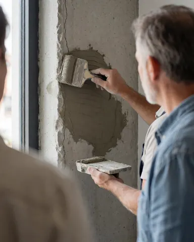 Un maçon applique du ciment sur un mur en béton avec une truelle, éclairé par la lumière naturelle, illustrant un service de réparation structurelle en cours.