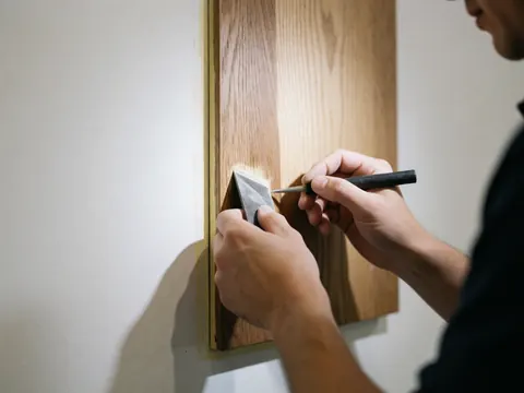 Main d'un professionnel réparant une jonction en bois ancien avec un outil sur fond blanc, service de réparation de meubles anciens.