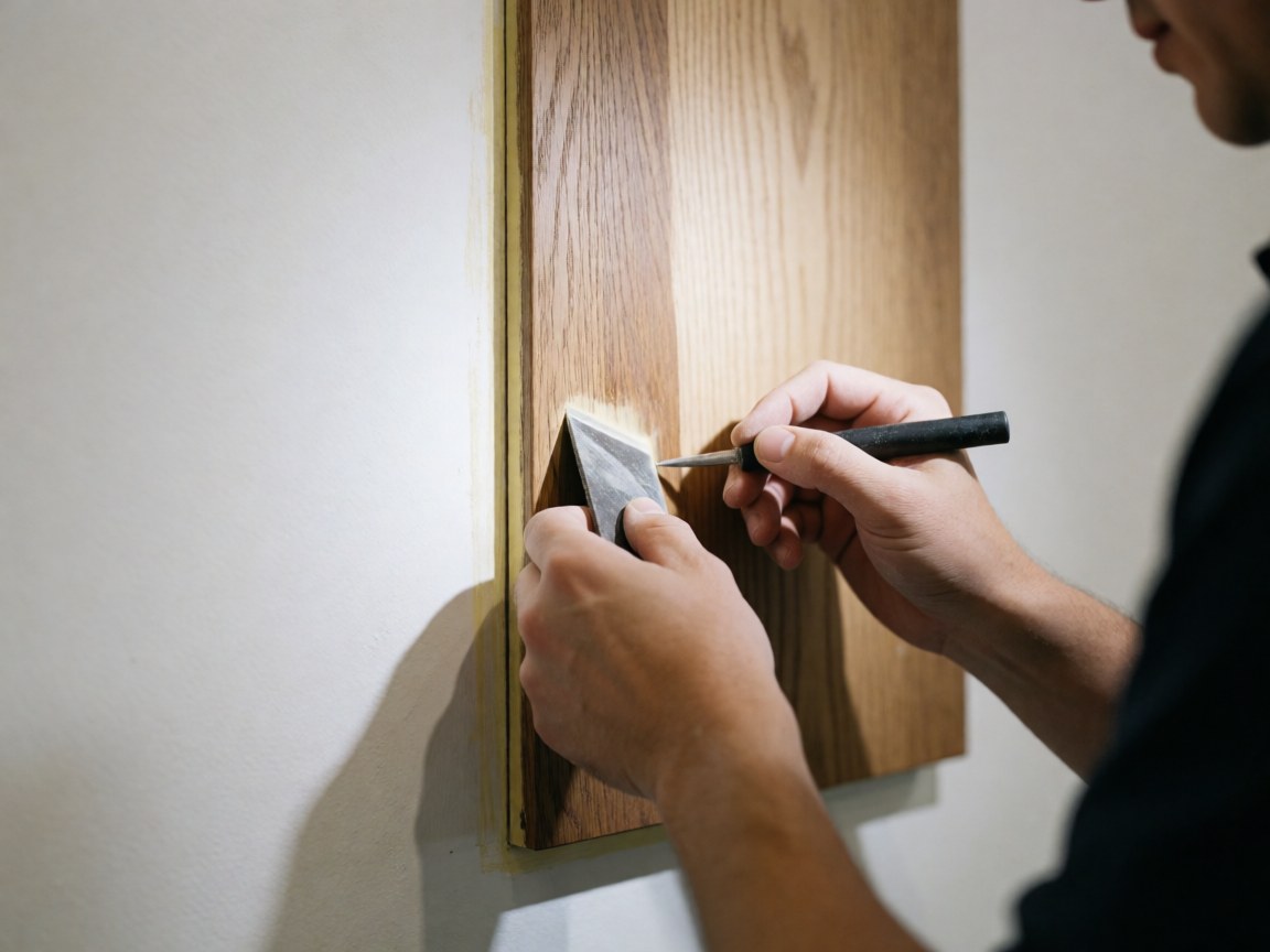 Main d'un professionnel réparant une jonction en bois ancien avec un outil sur fond blanc, service de réparation de meubles anciens.
