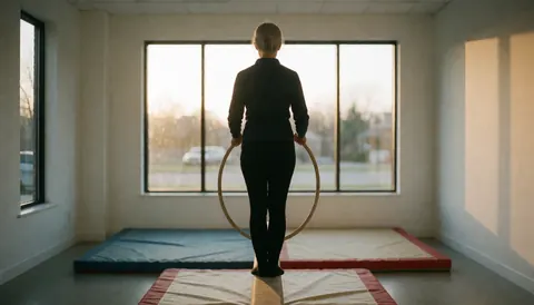 Un gymnaste professionnel tenant un cerceau en bois dans un studio avec des tapis et une lumière naturelle chaude par de grandes fenêtres, idéal pour une page d'accueil de site web.