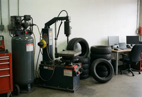 Machine de changement de pneus installée près d'un réservoir d'air comprimé et de piles de pneus dans un atelier de réparation de motos.