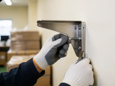 Gant ajustant un boulon sur un support en acier inoxydable fixé au mur dans un environnement industriel.