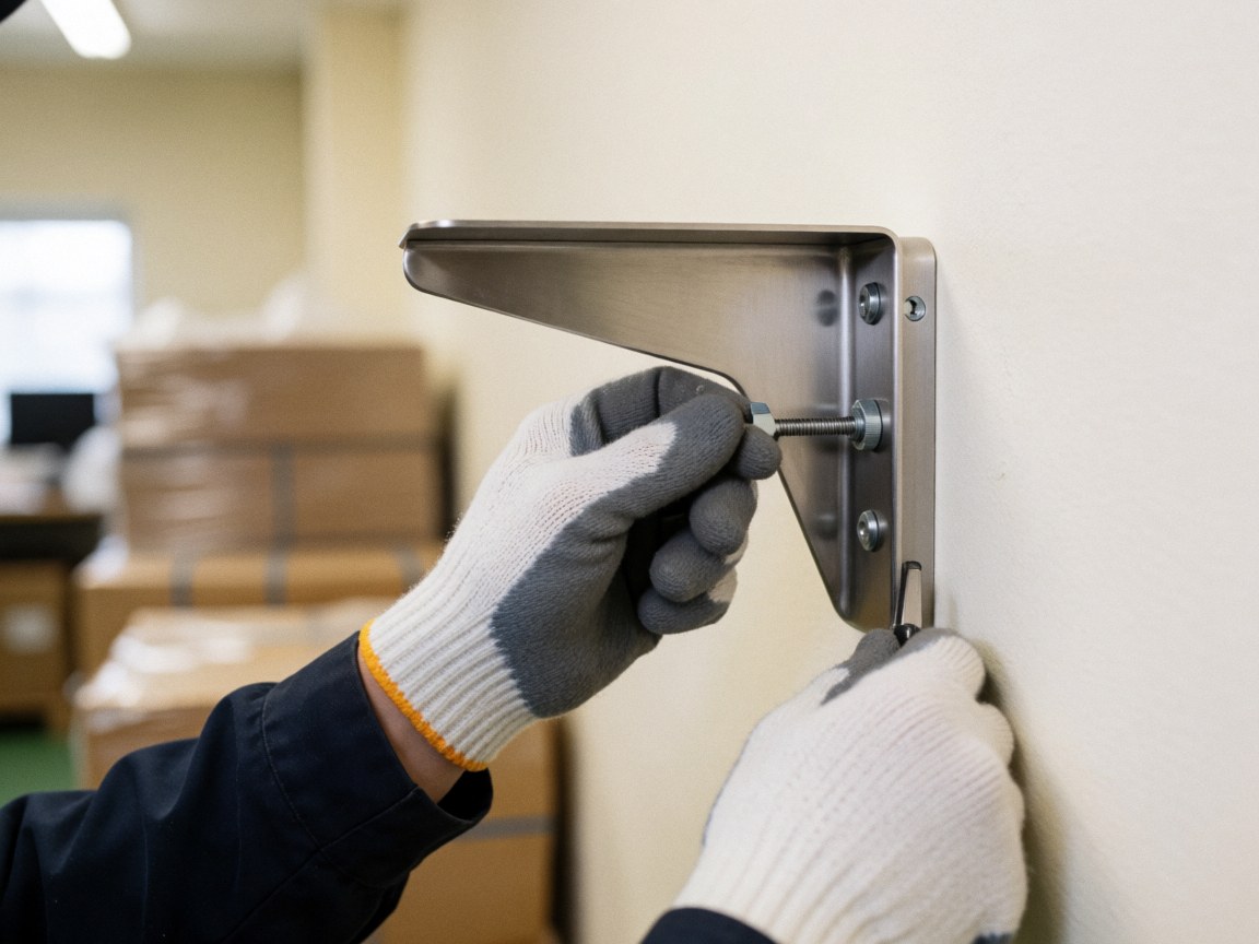 Gant ajustant un boulon sur un support en acier inoxydable fixé au mur dans un environnement industriel.