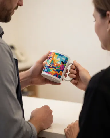 Un client reçoit une tasse personnalisée en boutique, le produit est mis en valeur par une lumière qui accentue les couleurs vives du design.